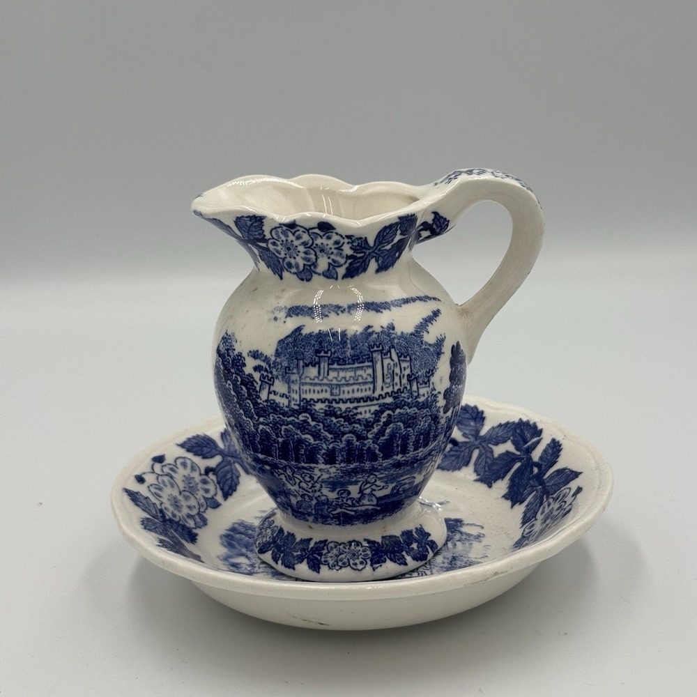Vintage Mini Japanese blue & white transferware creamer pitcher and basin set